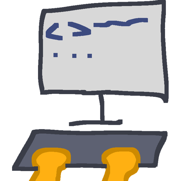 Two yellow hands at a keyboard 
The computer has less than and greater than signs indicating HTML
